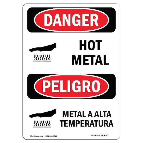 OSHA Sign, Hot Metal Bilingual, 5in X 3.5in Decal, 10PK, 3.5" W, 5" H, Bilingual Spanish, PK10